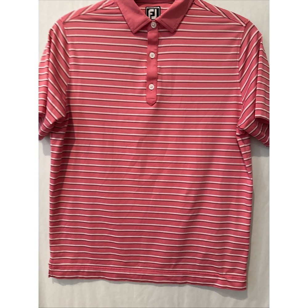 Footjoy Polo Shirt Mens M PINK/BLUE STRIPE SS Golf Performance ATHLETIC FIT - Picture 2 of 16